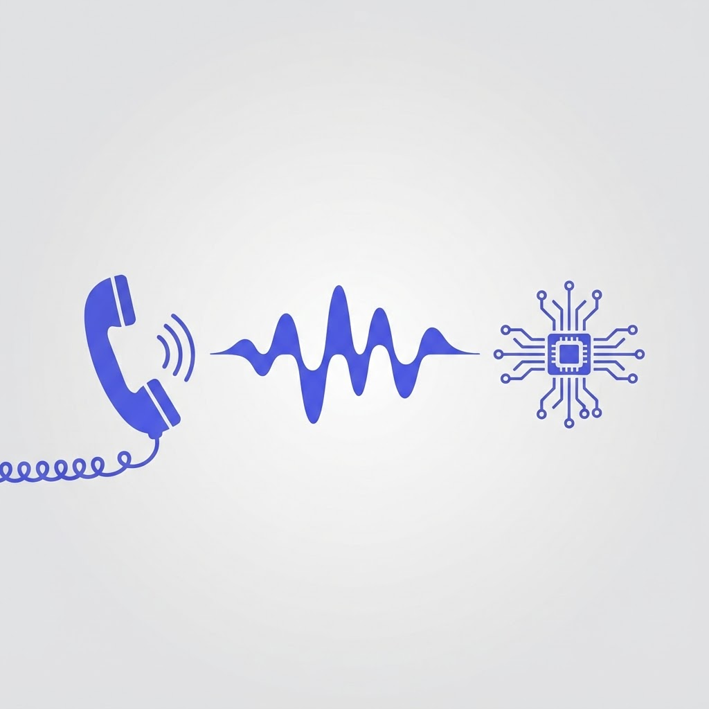 Illustration of a classic telephone handset transitioning into a sound waveform and a small AI chip icon