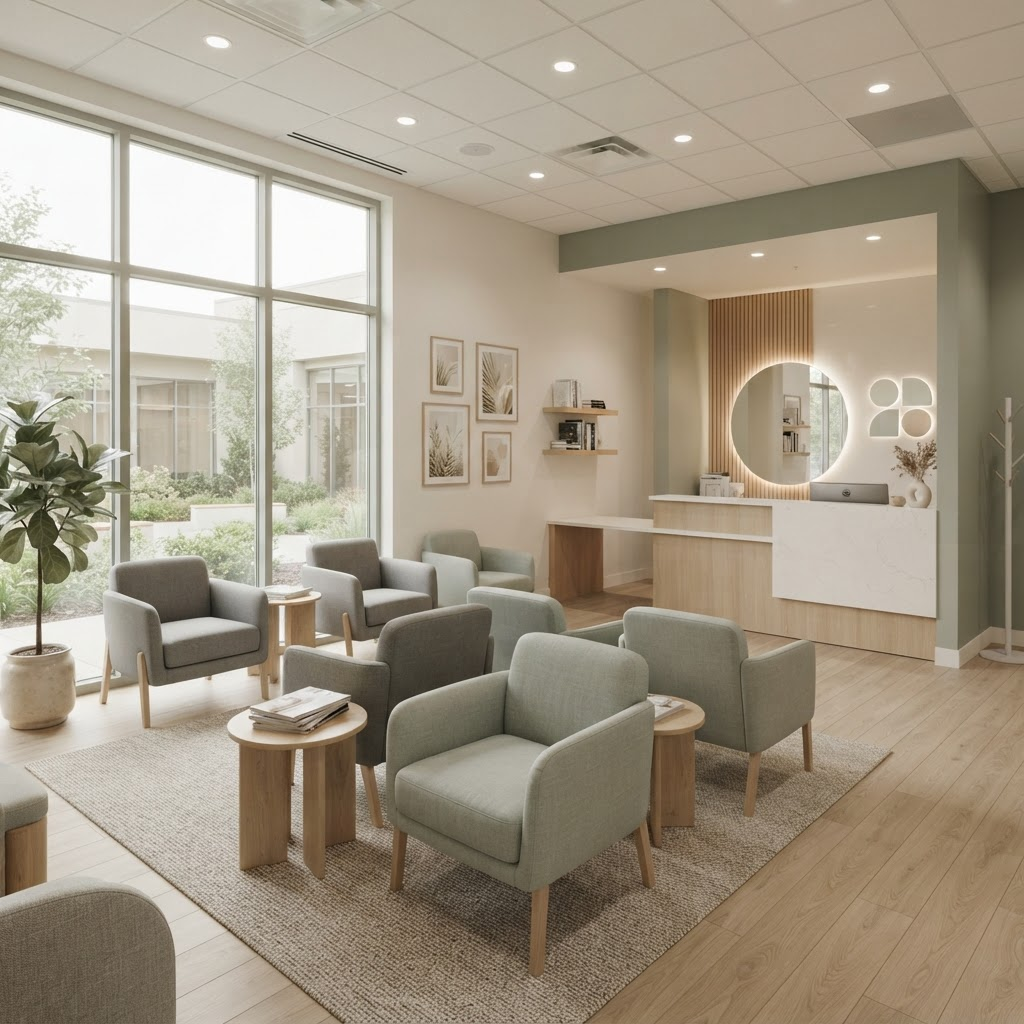 A calm, modern medical office reception area