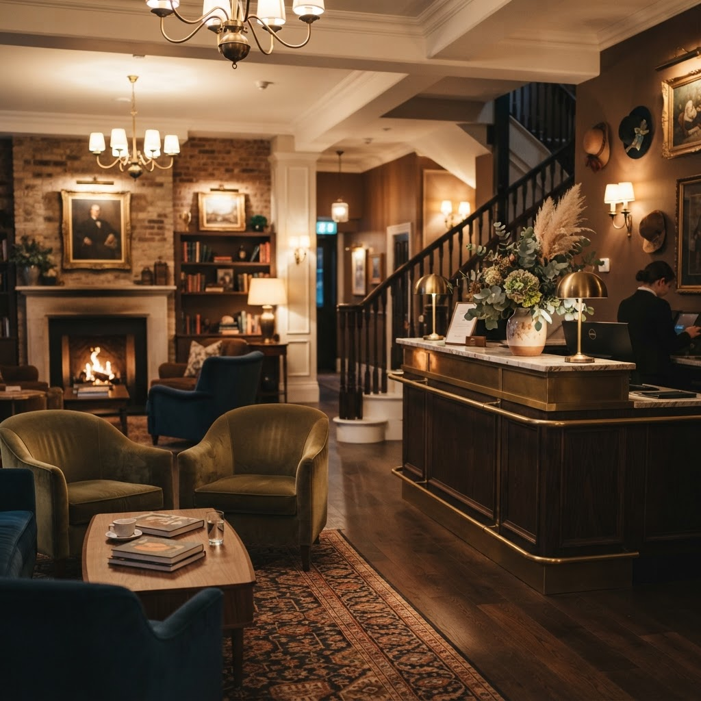 A warm, welcoming boutique hotel lobby