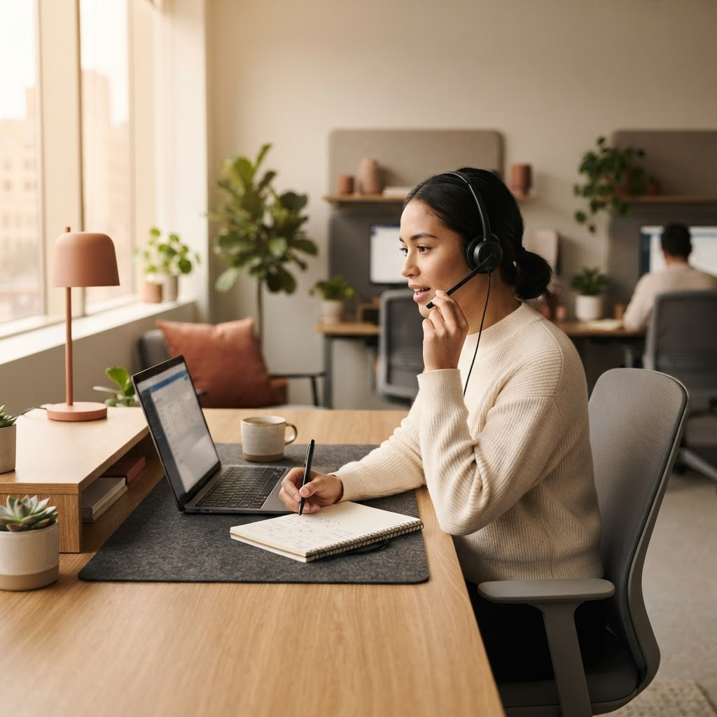 A dedicated human assistant at their desk, focused on a call