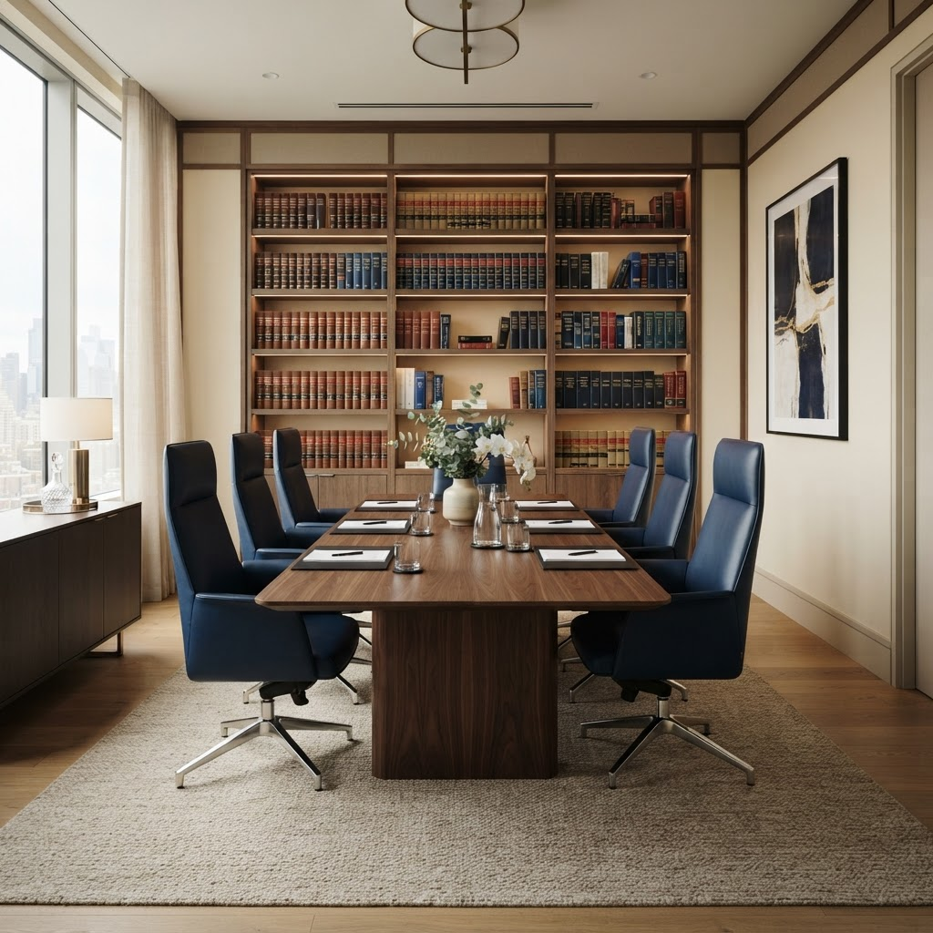 A calm, professional law office consultation room