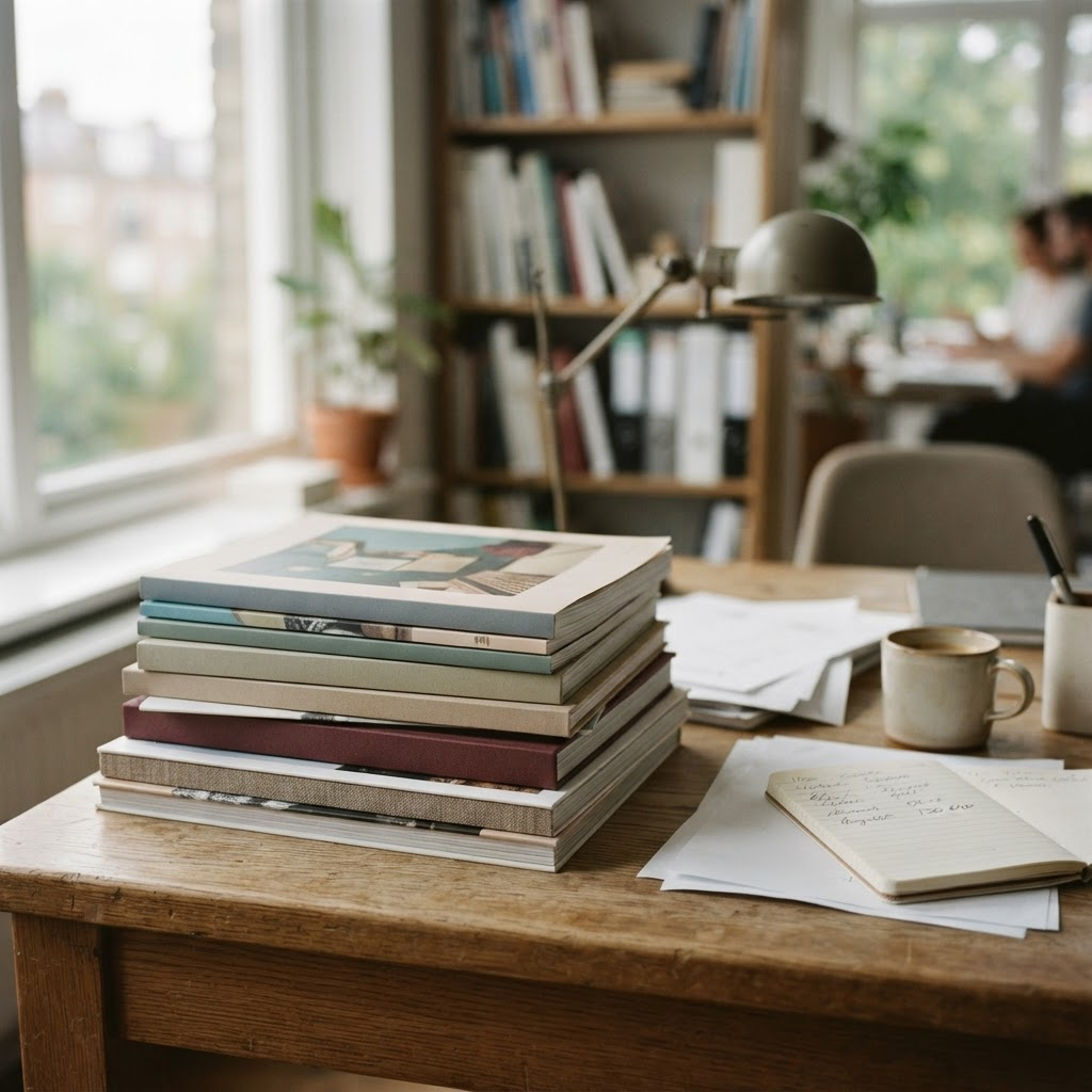 A clean editorial desk with print materials