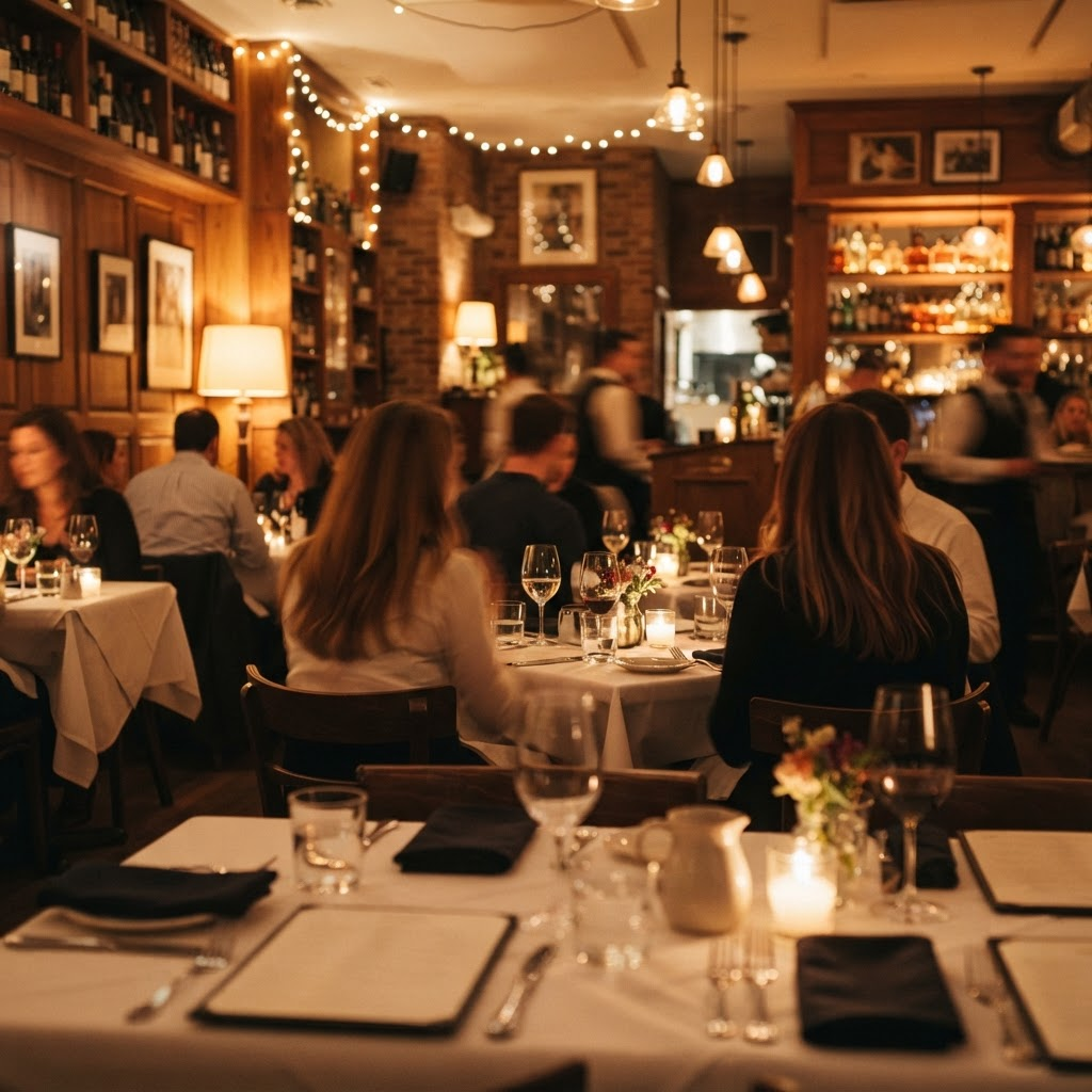 A warm, inviting restaurant dining room