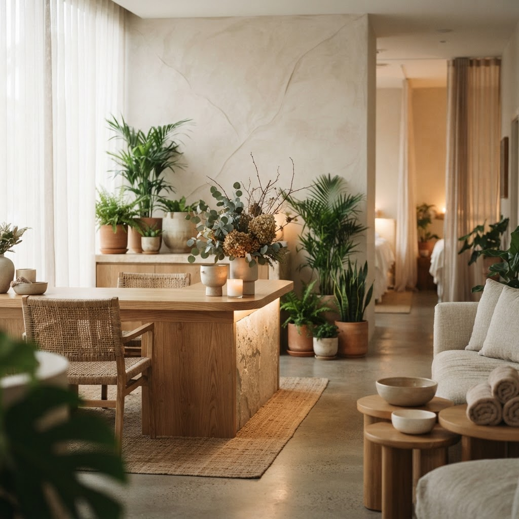 A calm spa reception and treatment area